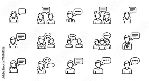 Faceless people talking in a modern outline style, depicted as a vector cartoon illustration on a white background, representing communication and interaction in a contemporary setting, with an