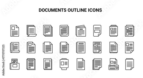 A collection of outline icons representing documents, perfect for graphic and web design, apps, adverts, and various cards. This vector cartoon illustration features an ordered set of document icons