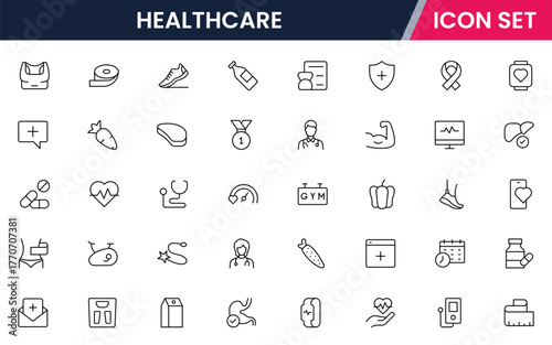 Healthcare vector web line icon collection, sleek illustrations of wearables, heart monitors, fitness apps for wellness-focused designs.