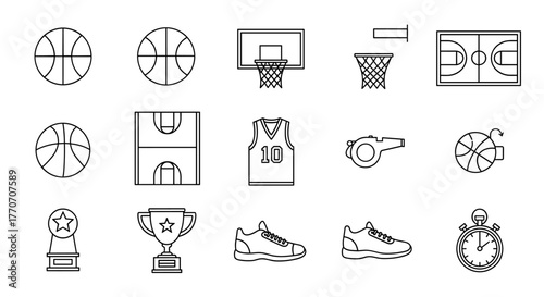 A meticulously crafted line-style vector illustration showcasing a comprehensive basketball icon set, presented on a clean white background, ideal for sports-related digital content and graphic