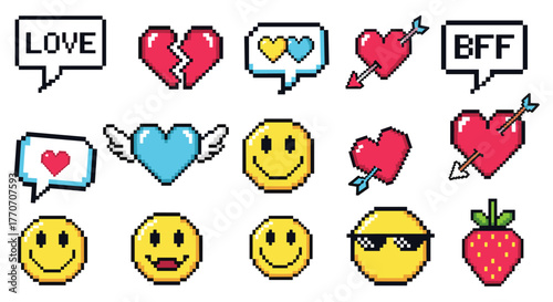 Pixel Art Icons Set: A Nostalgic 90s Collection Featuring Speech Bubbles, Hearts, Smile Faces, Strawberry, and Game-Inspired Graphics. This 8-bit editable vector illustration captures the essence of