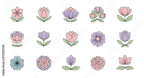 Collection of stylized, abstract flower icons in pastel pink, purple, and blue hues, presented as a vector cartoon illustration on a clean white background, perfect for beauty salons, branding, and