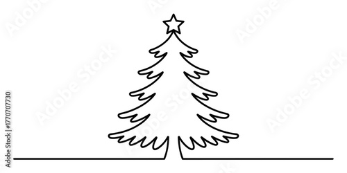 Continuous one line drawing of a festive christmas tree with a star topper and stylized base vector