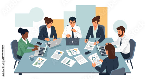 A diverse business team engages in a productive brainstorming session, perfectly captured in a clean, modern Flat Design illustration. 