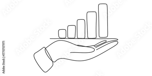 Minimalist continuous line drawing of a hand holding a growing bar graph representing financial growth and success vector