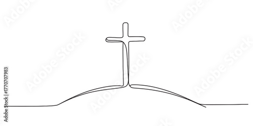 Elegant continuous line drawing of a christian cross symbol standing on a hilltop vector