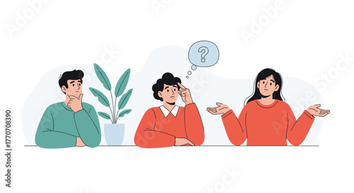 Three cartoon people are depicted thinking, questioning, and shrugging, illustrating concepts of problem-solving, decision-making, and uncertainty.