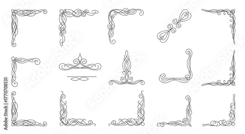 Elegant vector set of black and white decorative corner borders and frames with intricate scrollwork and swirl designs, ideal for classic embellishments.