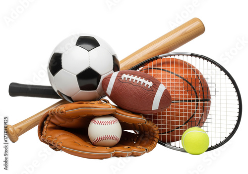 Collection of various sports equipment including baseball football basketball soccer and tennis balls isolated on transparent background