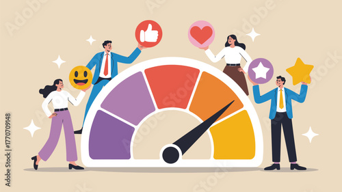 Team Engagement and Happiness Flat, Diverse business group holding emotion emojis symbolizing positive work environment, motivation, and employee satisfaction for HR office design.