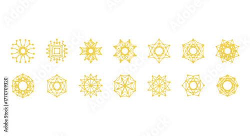 Collection of 12 intricate yellow geometric starburst and snowflake-like lattice patterns, arranged in two rows on a black background, showcasing complex symmetrical designs and interconnected lines