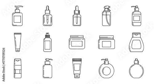 Collection of simple linear outline icons representing cosmetic bottles and containers, including pump dispensers, dropper bottles, tubes, and jars, perfect for web, books, cards, and apps, editable