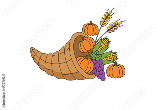 Full Cornucopia Icon Vector for Thanksgiving or Autumn Harvest Celebration