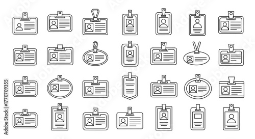 Collection of outline vector illustrations of employee ID badges, perfect for infographics, articles, books, flyers, and banners, featuring editable strokes and a cartoon style for a modern and