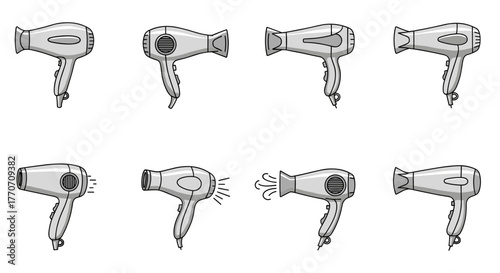 Collection of eight stylized, cartoon-style hair dryers in various designs and orientations, isolated on a black background, representing a set of icons for web, books, cards, and apps, with a clean
