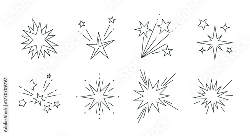 A diverse collection of line art starbursts, explosions, and sparkling star designs on a clean white background.