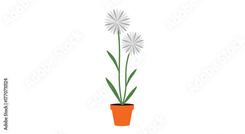 Minimalist illustration of a vibrant potted plant featuring two delicate white dandelion-like flowers and lush green foliage.