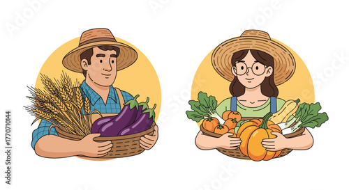 Two smiling farmers, a man and a woman, proudly display their abundant harvest of fresh, organic vegetables and grains in baskets.