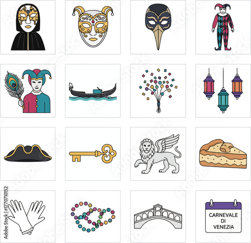 Venice Carnival Hand Drawn Doodle Icon Set Collection.