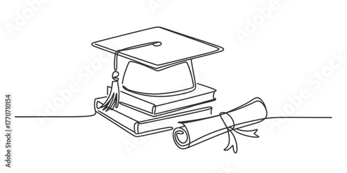 Elegant graduation cap stack of books and diploma depicted in a minimalist continuous one line drawing art style vector
