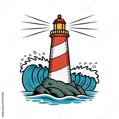Lighthouse with Ocean Waves and Rocky
