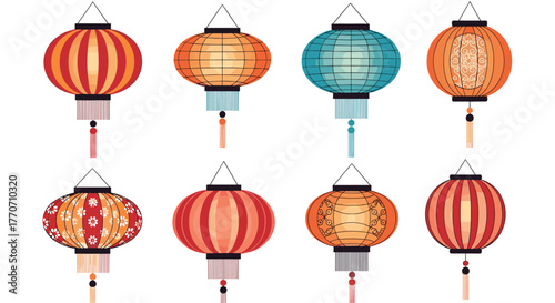 A vibrant collection of traditional Asian lanterns in various shapes, colors, and patterns, perfect for festive decorations and cultural celebrations.
