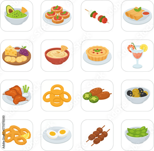 A diverse set of colorful flat design appetizer and snack food icons.