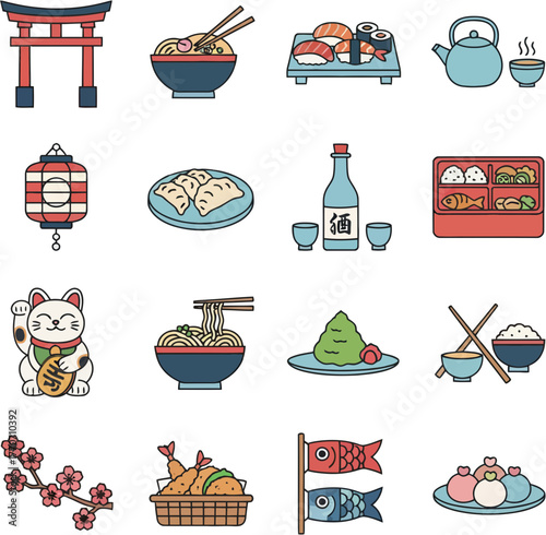 Set of Japanese culture and food icons in flat color style.