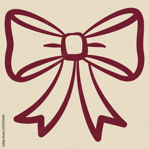 Red bow hand drawn illustration, whimsical vector bow. Decoration for holiday cards, banners, posters, web. Vector illustration