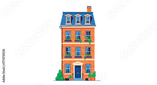 Illustration of a tall orange brick apartment building with a blue mansard roof, dormer windows, and lush window boxes.