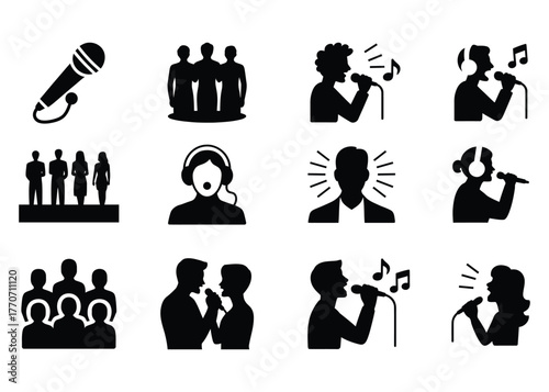 Singer icons set microphone performance vocal music concert