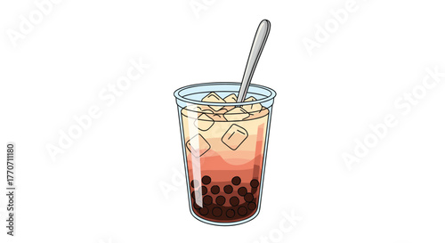 Refreshing iced bubble tea with dark boba pearls, a creamy top layer, and ice cubes in a clear plastic cup with a silver spoon.