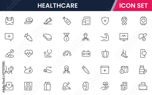 Healthcare vector web line icon collection, sleek illustrations of wearables, heart monitors, fitness apps for wellness-focused designs.