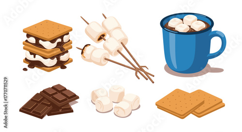 Isometric illustration of s'mores, roasted marshmallows, hot chocolate with marshmallows, chocolate bars, and graham crackers.