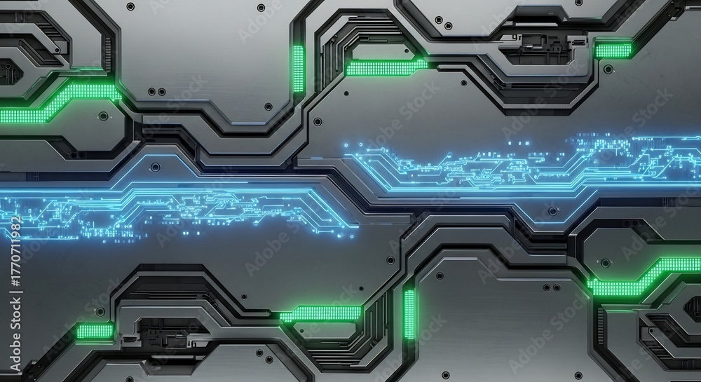 Fototapeta premium Gray metal plates with integrated blue and green circuitry conveying a futuristic technological aesthetic