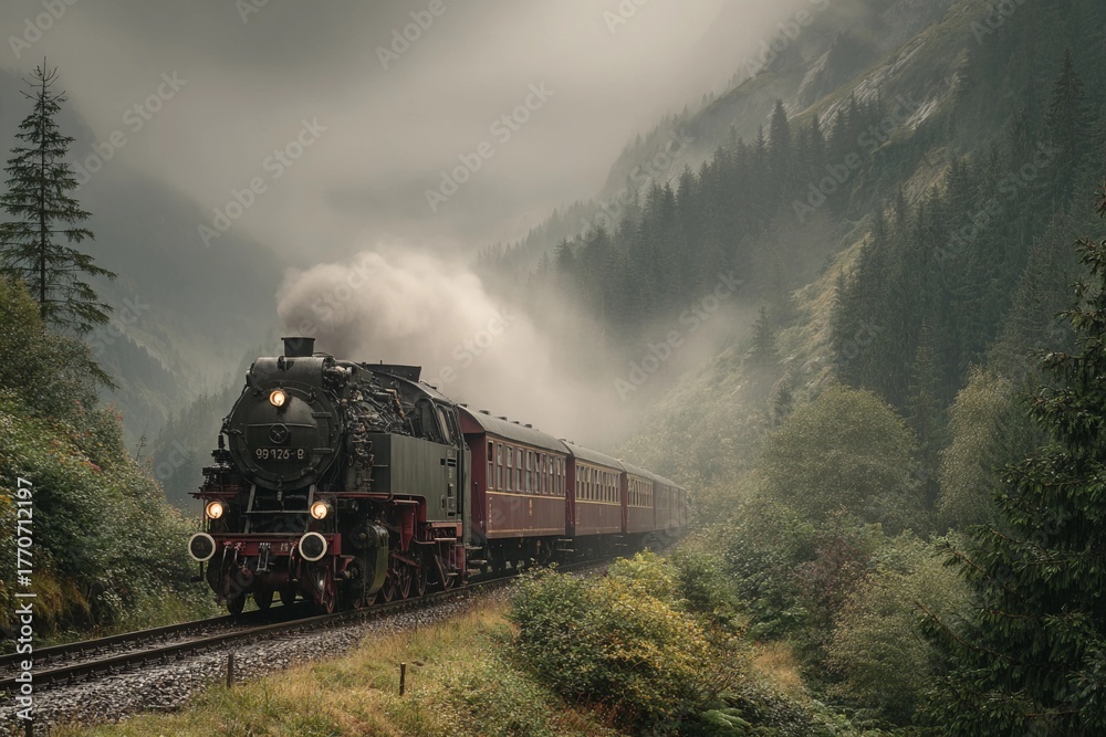 Obraz premium Explore the Charm of Retro Locomotives Weaving Through Misty Mountain Valleys Generative AI