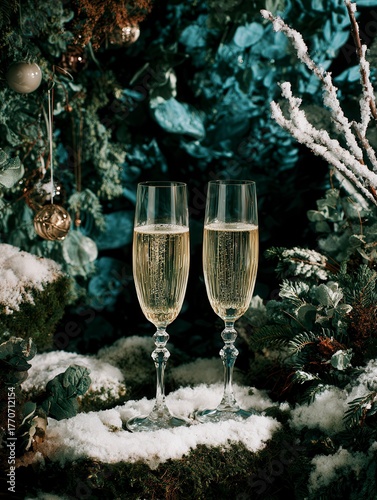 Romantic View of Two Champagne Flutes with Glowing Backlight and Bokeh