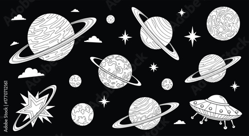 Hand-drawn cosmic pattern with planets, stars, clouds, and a UFO creating a whimsical space background.
