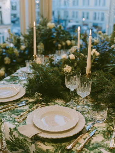 Overhead View of Minimalist Scandinavian Christmas Table Setting with Pine Branch