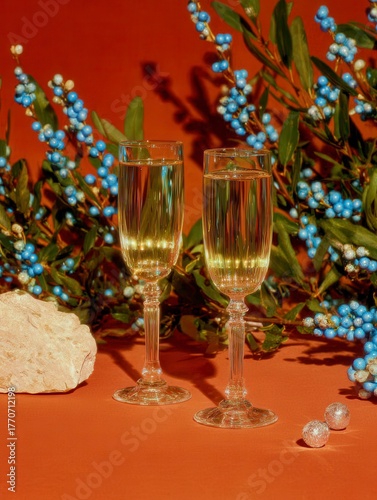 Close-up of Two Champagne Flutes with Detailed Golden Bokeh and Elegant Setting