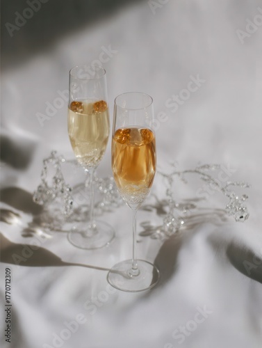  Romantic View of Two Champagne Flutes with Glowing Backlight and Bokeh