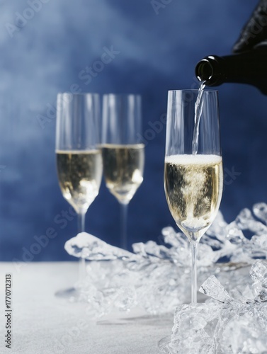 Overhead View of Two Champagne Flutes with Streamers and Confetti on Table