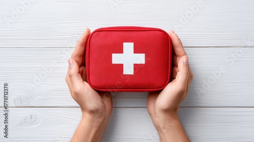 Hands holding a red first aid kit with a white cross symbol on a wooden surface, emphasizing safety, preparedness, and health care essentials for emergencies and home use