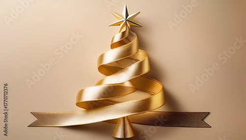 Golden Ribbon Forming Christmas Tree Shape On A Beige Background Is A Festive And Elegant Symbol Of Christmas Celebration Offering A Modern And Minimalist Take On Traditional Holiday Decor