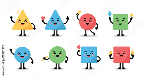 Set of eight cheerful, anthropomorphic geometric shapes, each with unique poses and props, against a clean white background.