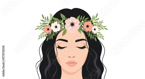 Beautiful young woman with eyes closed wearing a delicate floral wreath on her dark wavy hair, embodying peace and natural beauty.