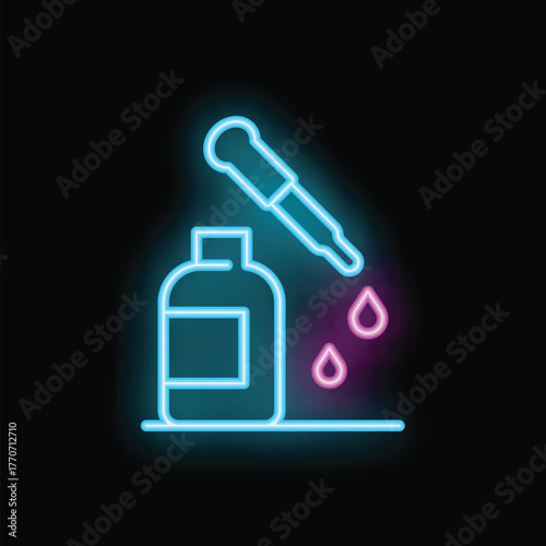 Neon icon of essential oil dropping from a pipette into a bottle, representing aromatherapy and wellness