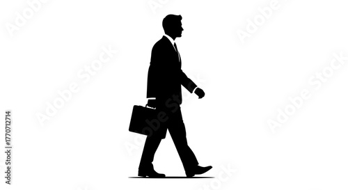 A black silhouette of a businessman in a suit, walking purposefully with a briefcase against a white background