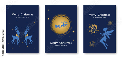 Elegant Merry Christmas and Happy New Year greeting cards set with reindeer, Santa sleigh, fairy and snowflakes on dark blue background with golden accents, festive minimalist winter holiday design