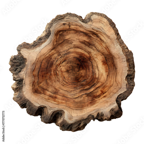 Cross section of old tree trunk with natural wood texture, detailed annual growth rings, rough bark edge and organic pattern, isolated realistic wooden slice for nature, eco and rustic design projects